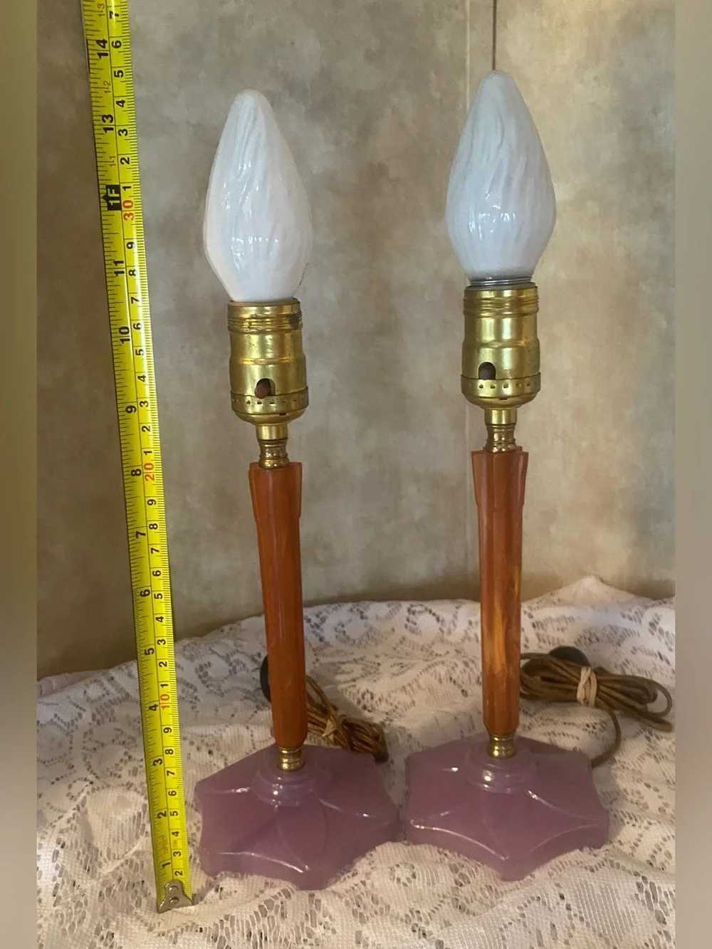 1930s Houze Glass Boudoir Lamps Pressed Glass Butterscotch Bakelite Set Art Deco